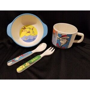 Set of 4 - 2015 Vandor Dr. Seuss Bamboo Child Childs Dishes Bowl Cup Fork Spoon